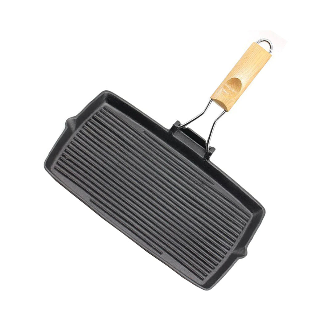 SOGA 20.5cm Rectangular Cast Iron Griddle Grill Frying Pan with Folding Wooden Handle