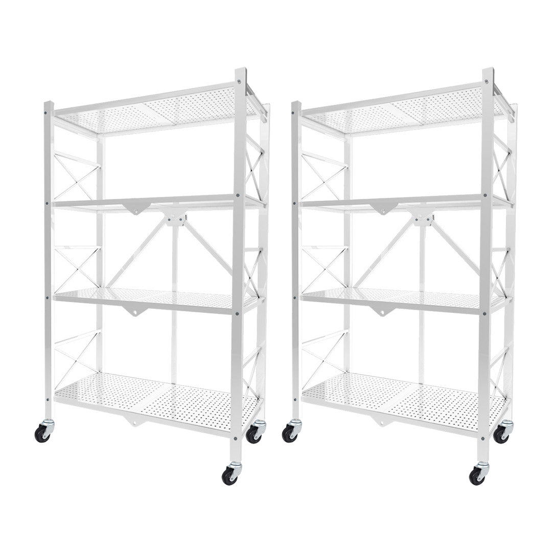 SOGA 2X 4 Tier Steel White Foldable Display Stand Multi-Functional Shelves Portable Storage Organizer with Wheels