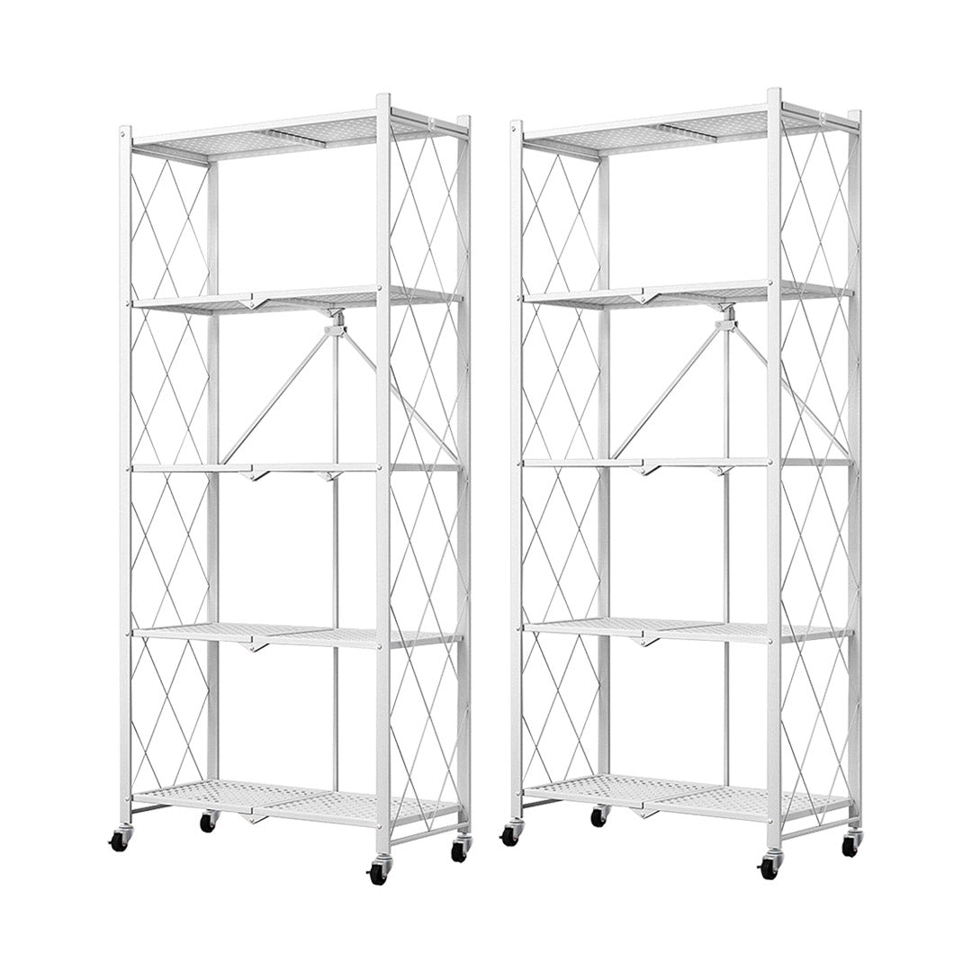 SOGA 2X 5 Tier Steel White Foldable Kitchen Cart Multi-Functional Shelves Portable Storage Organizer with Wheels