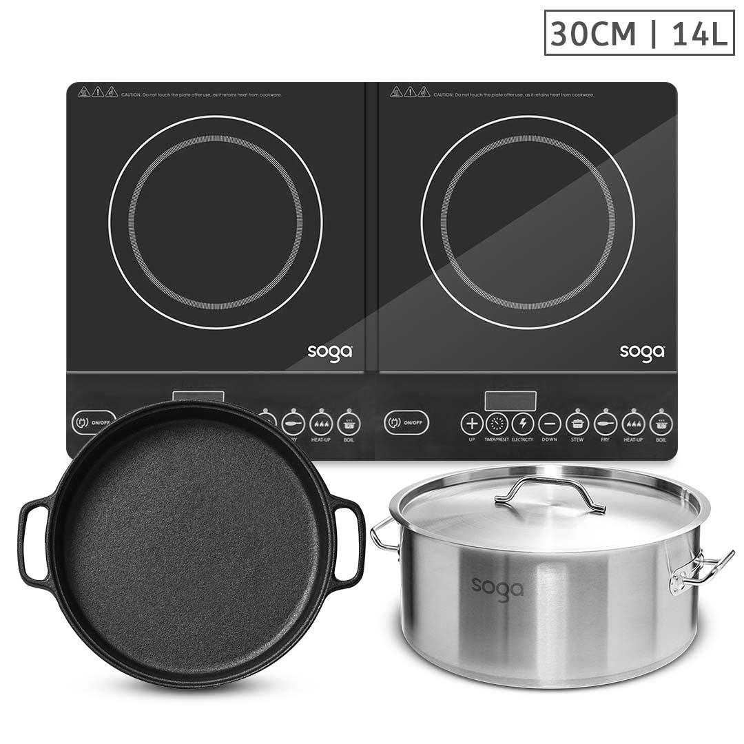 SOGA Dual Burners Cooktop Stove, 30cm Cast Iron Skillet and 14L Stainless Steel Stockpot