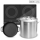 SOGA Dual Burners Cooktop Stove, 30cm Cast Iron Skillet and 17L Stainless Steel Stockpot 28cm