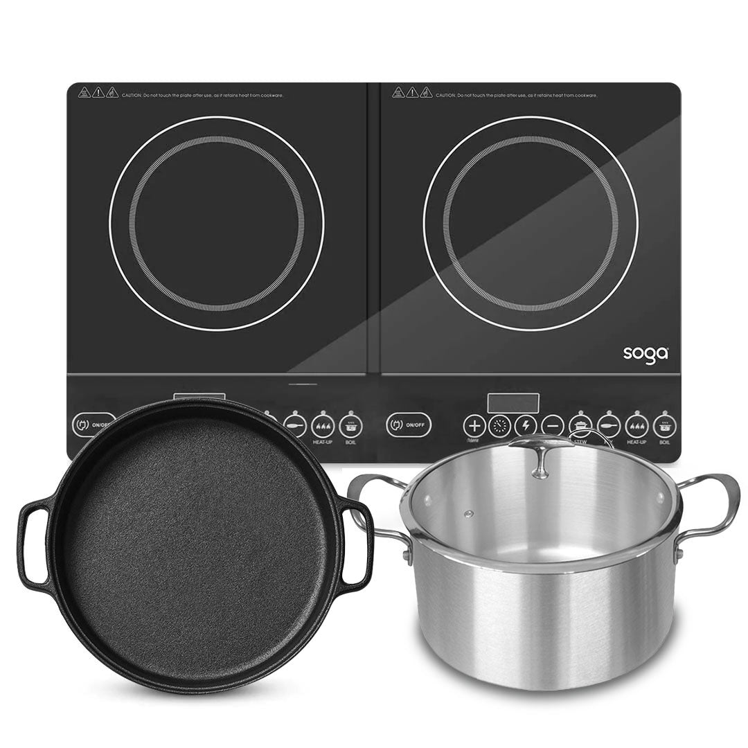 SOGA Dual Burners Cooktop Stove, 30cm Cast Iron Frying Pan Skillet and 28cm Induction Casserole