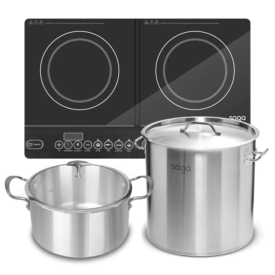 SOGA Dual Burners Cooktop Stove, 21L Stainless Steel Stockpot 30cm and 30cm Induction Casserole