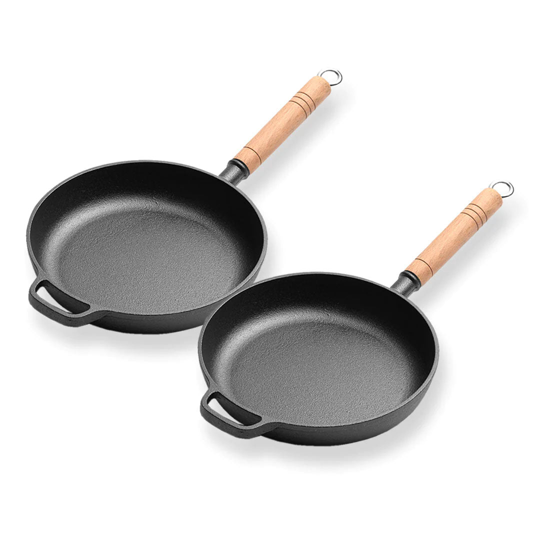 SOGA 2X 27cm Round Cast Iron Frying Pan Skillet Steak Sizzle Platter with Helper Handle