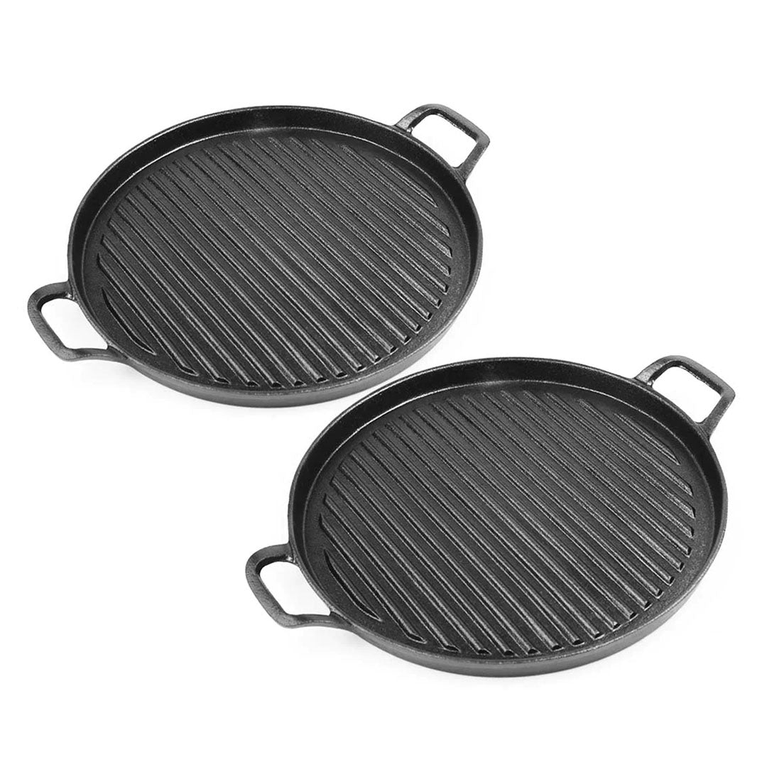 SOGA 2X 30cm Ribbed Cast Iron Frying Pan Skillet Coating Steak Sizzle Platter