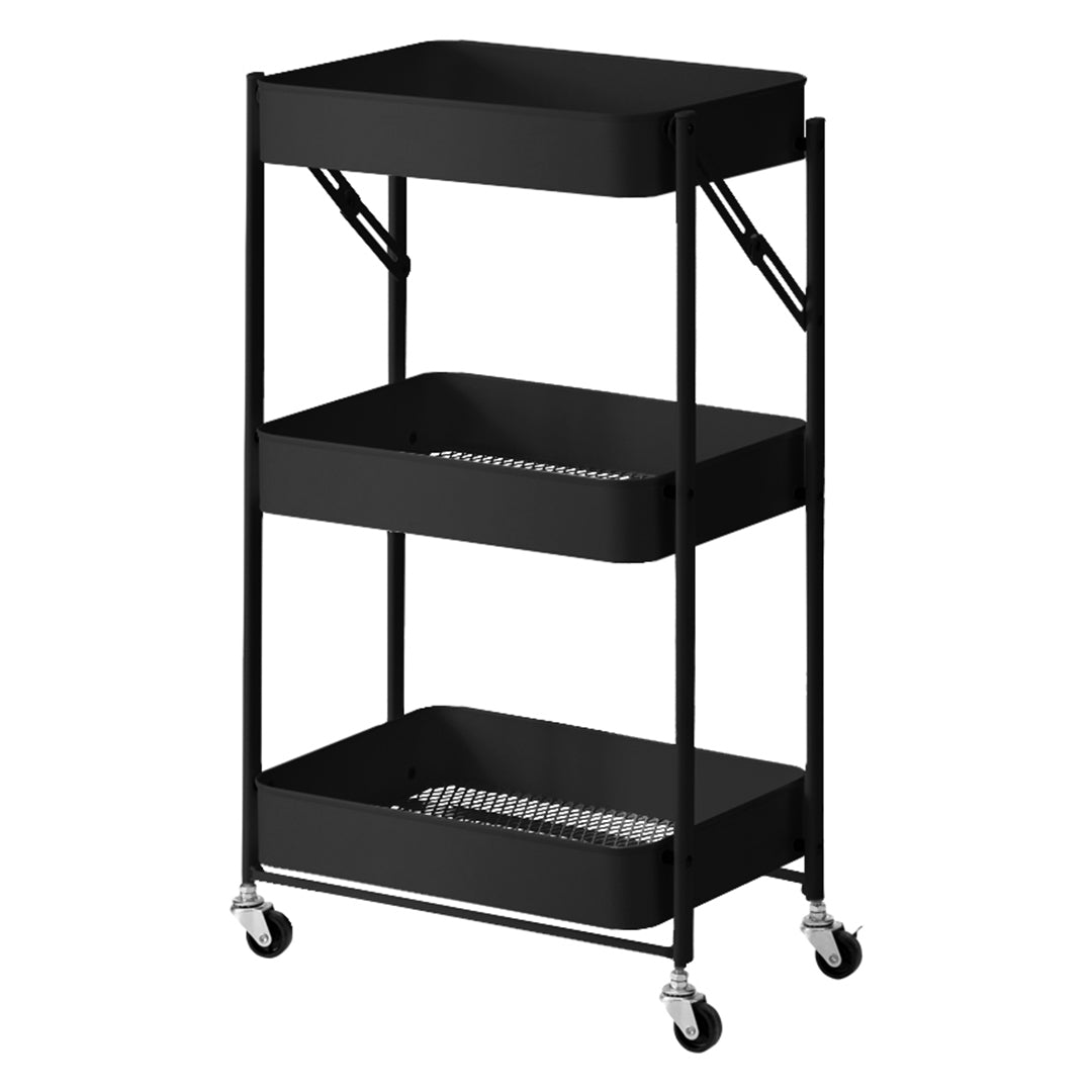 SOGA 3 Tier Steel Black Foldable Kitchen Cart Multi-Functional Shelves Portable Storage Organizer with Wheels