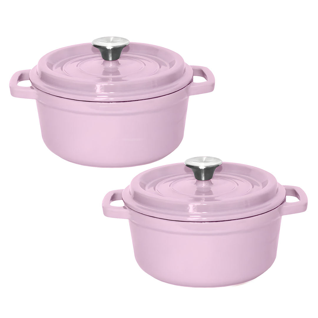 SOGA 2X 26cm Pink Cast Iron Ceramic Stewpot Casserole Stew Cooking Pot With Lid