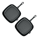 SOGA 2X 23.5cm Square Ribbed Cast Iron Frying Pan Skillet Steak Sizzle Platter with Handle