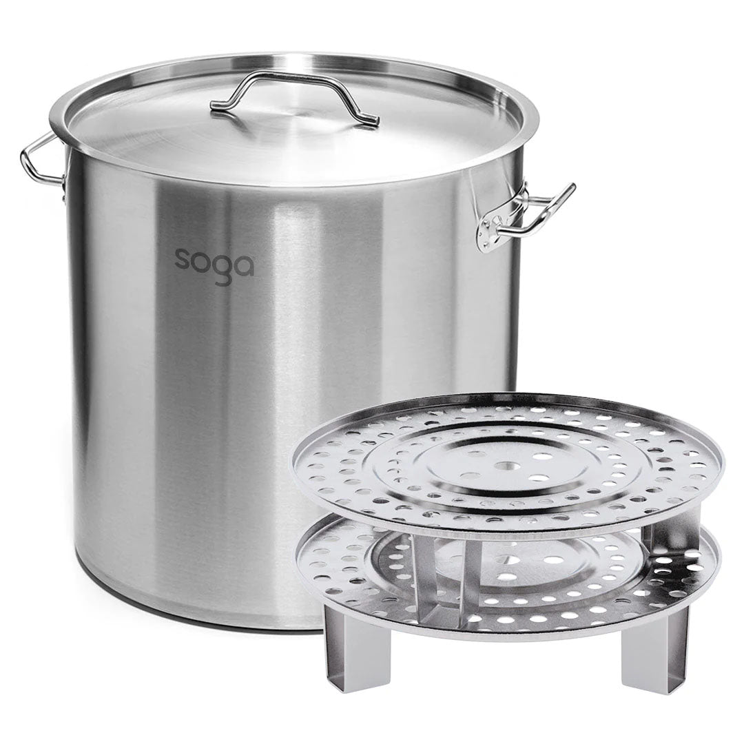 SOGA 33L Stainless Steel Stock Pot with Two Steamer Rack Insert Stockpot Tray