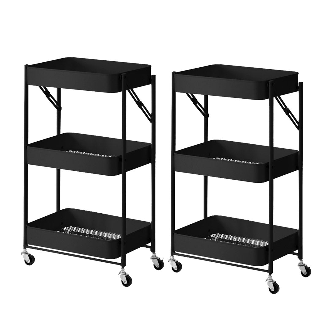 SOGA 2X 3 Tier Steel Black Foldable Kitchen Cart Multi-Functional Shelves Portable Storage Organizer with Wheels