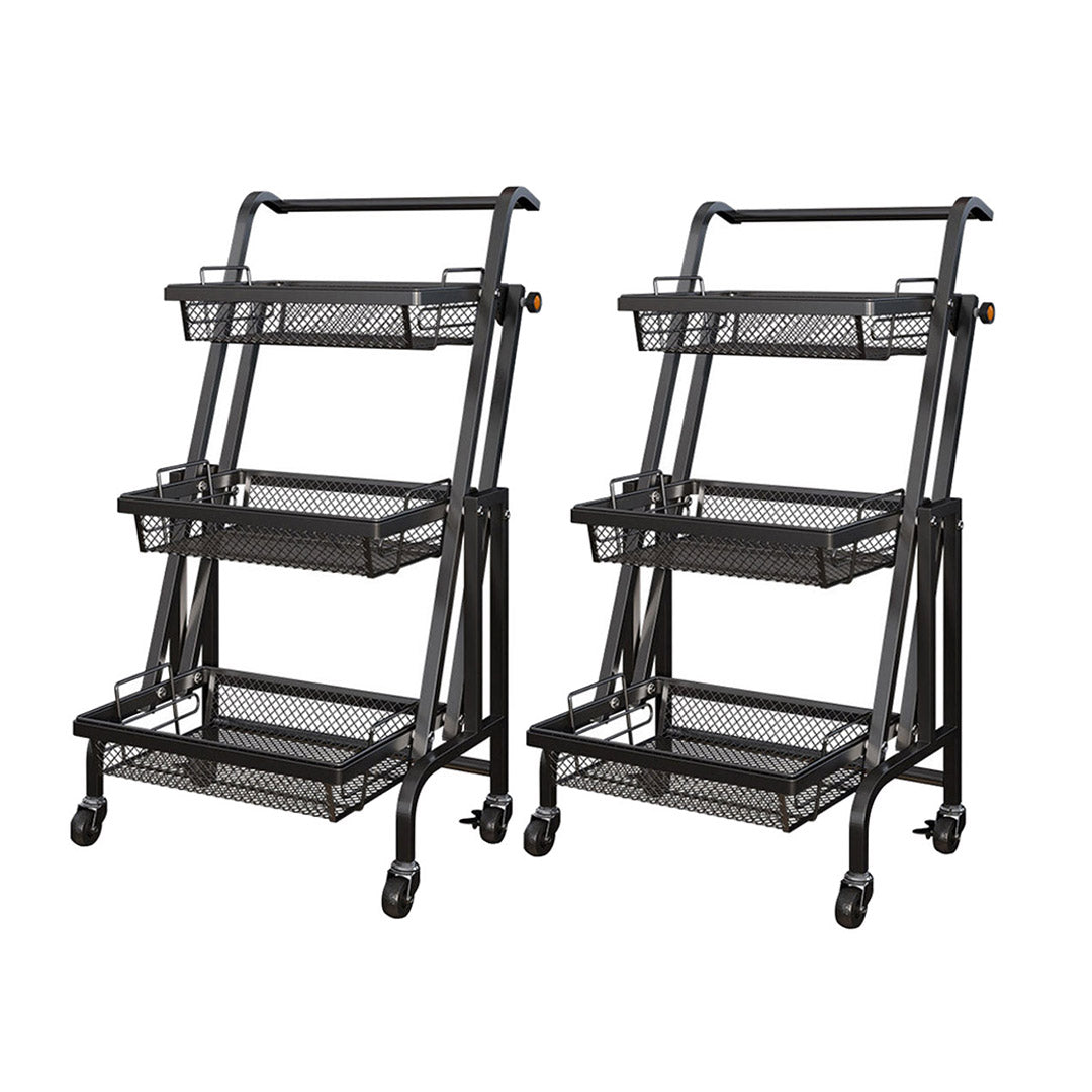 SOGA 2X 3 Tier Steel Black Adjustable Kitchen Cart Multi-Functional Shelves Portable Storage Organizer with Wheels