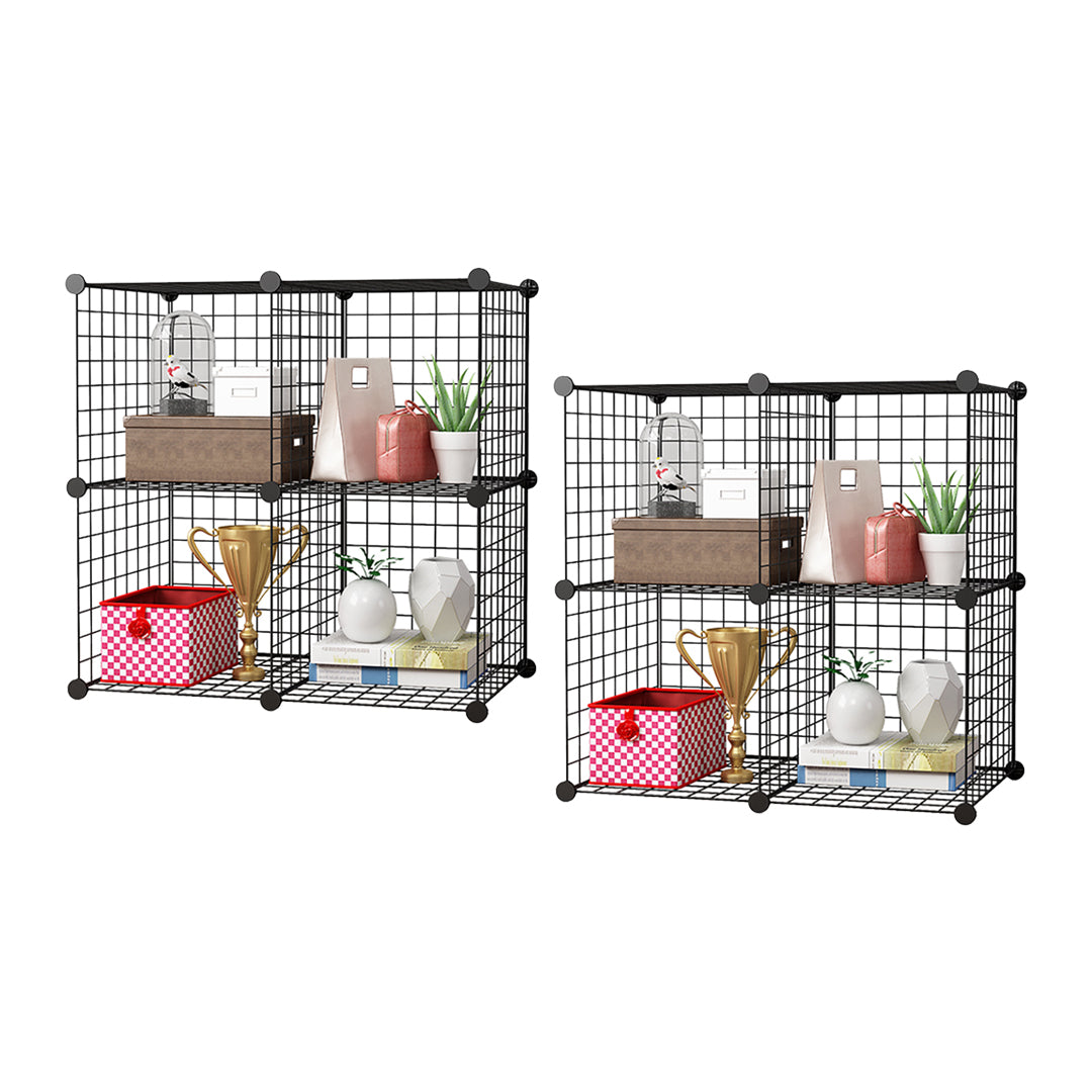 SOGA 2X Black Portable 4-Cube Storage Organiser Foldable DIY Modular Grid Space Saving Shelf