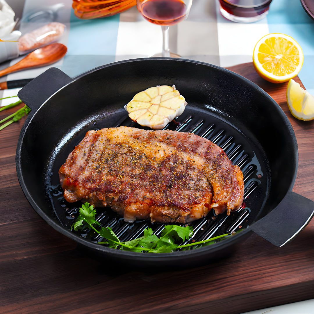 SOGA 2X 25cm Round Ribbed Cast Iron Frying Pan Skillet Steak Sizzle Platter with Handle