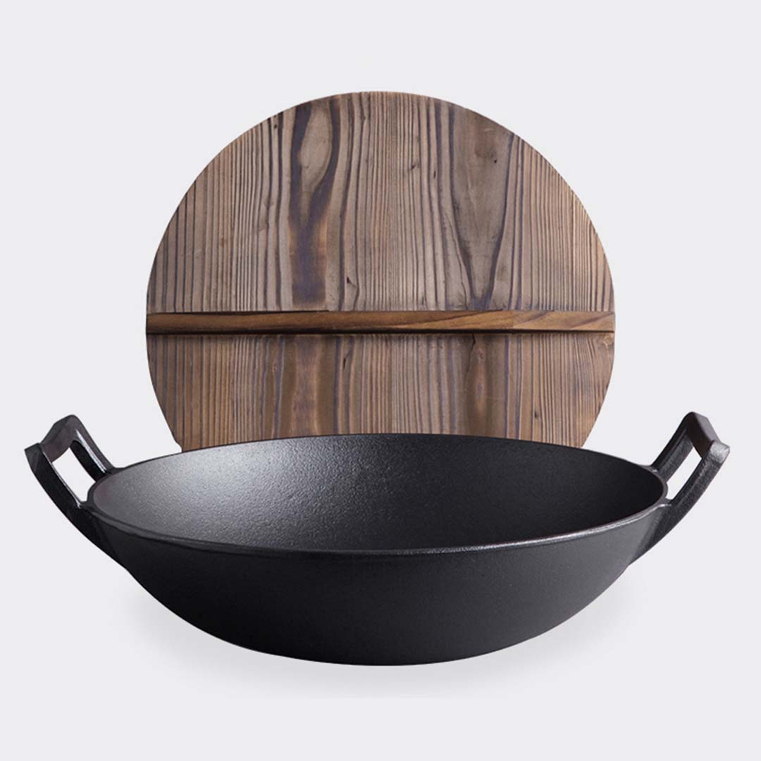 SOGA 36CM Commercial Cast Iron Wok FryPan with Wooden Lid Fry Pan