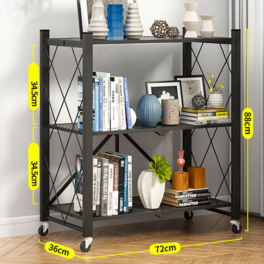 SOGA 3 Tier Steel Black Foldable Kitchen Cart Multi-Functional Shelves Portable Storage Organizer with Wheels