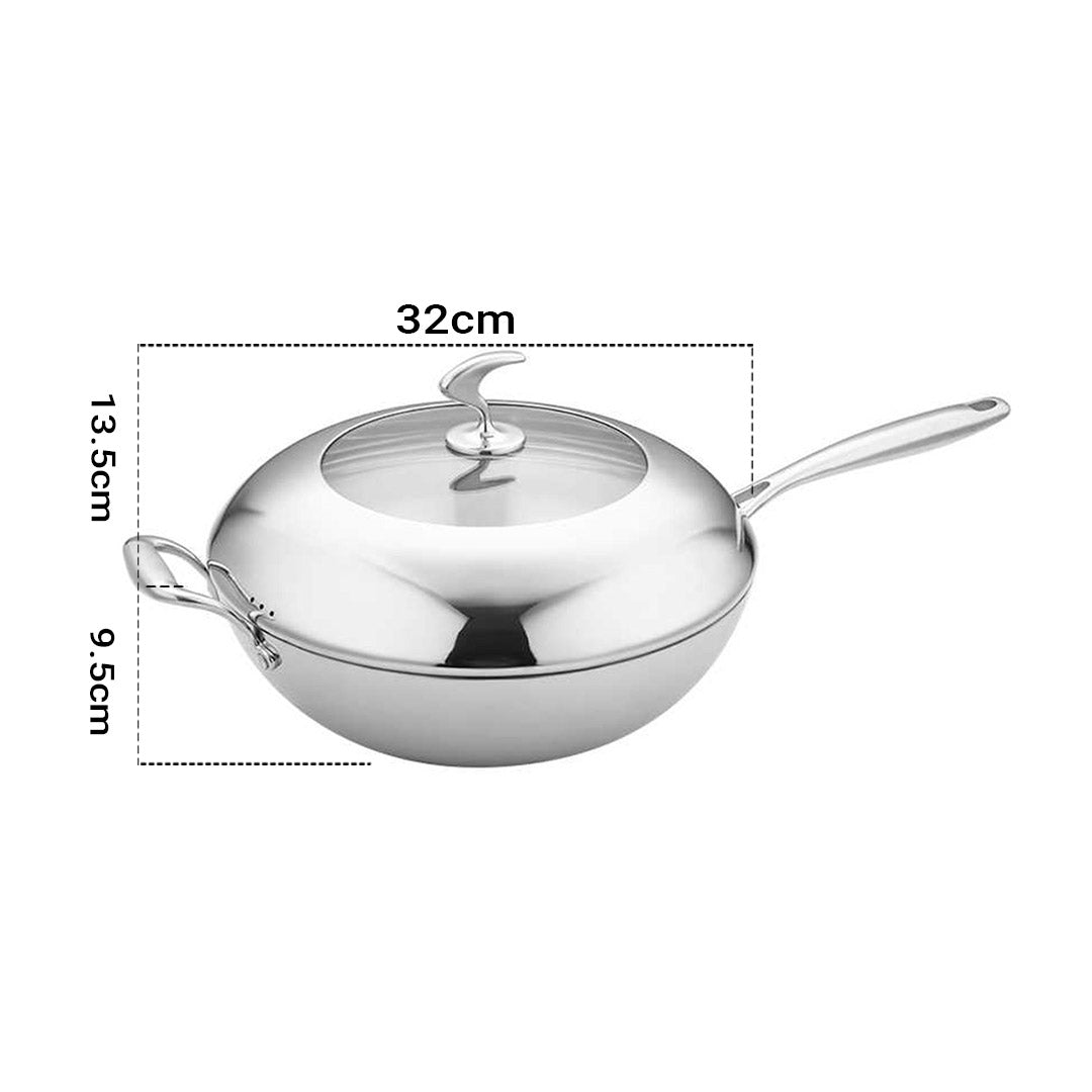 SOGA 2X 18/10 Stainless Steel Fry Pan 32cm Frying Pan Top Grade Non Stick Interior Skillet with Helper Handle and Lid