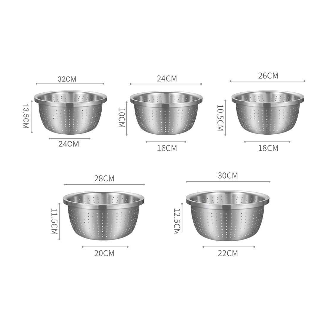 SOGA 2X Stainless Steel Nesting Basin Colander Perforated Kitchen Sink Washing Bowl Metal Basket Strainer Set of 5