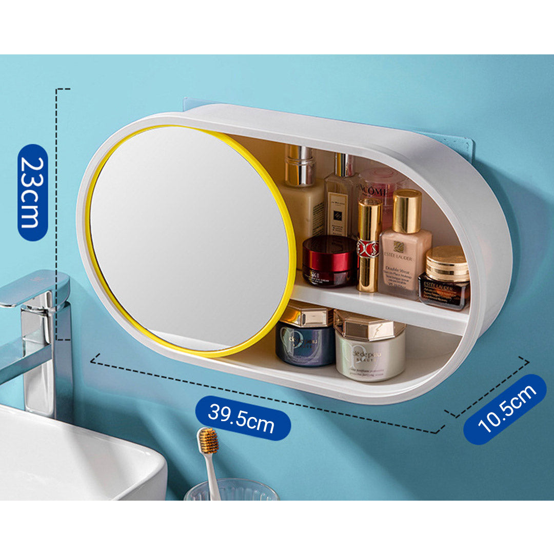 SOGA 39cm Oval Wall-Mounted Mirror Storage Box Vanity Mirror Rack Bathroom Adhesive Shelf Home Organiser Decor