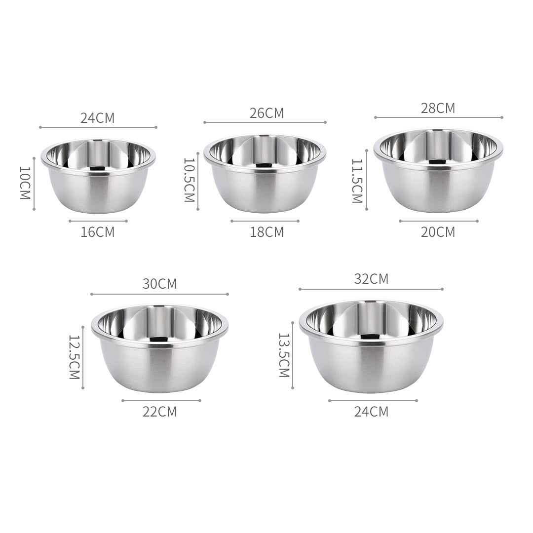 SOGA 5Pcs Deepen Polished Stainless Steel Stackable Baking Washing Mixing Bowls Set Food Storage Basin