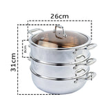 SOGA 3 Tier 26cm Heavy Duty Stainless Steel Food Steamer Vegetable Pot Stackable Pan Insert with Glass Lid