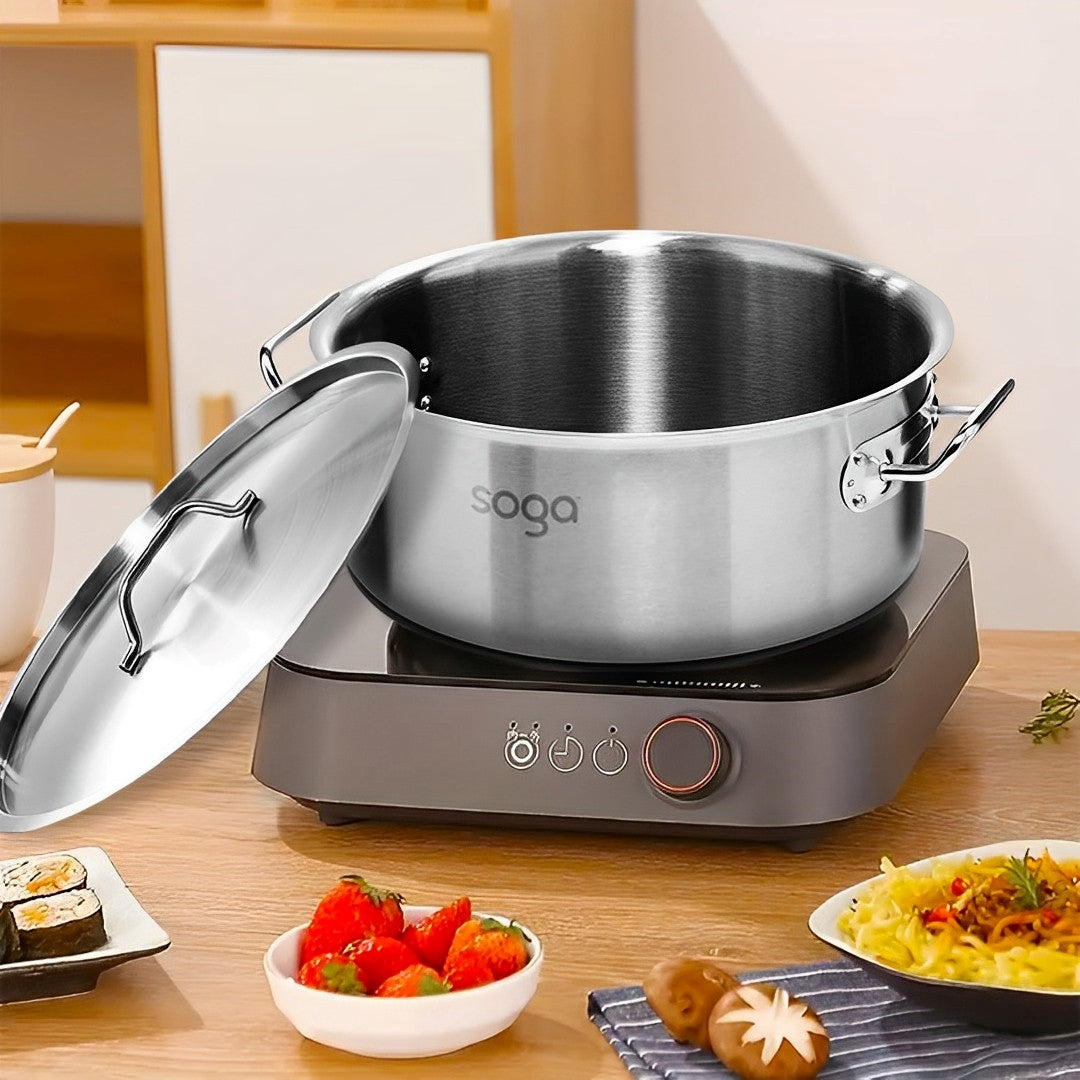 SOGA Dual Burners Cooktop Stove, 14L Stainless Steel Stockpot and 28cm Induction Casserole