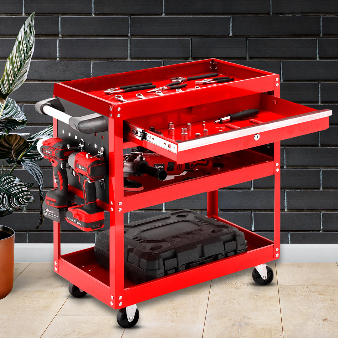 SOGA 2X 3 Tier Tool Storage Cart Portable Service Utility Heavy Duty Mobile Trolley with Drawer and Hooks Red