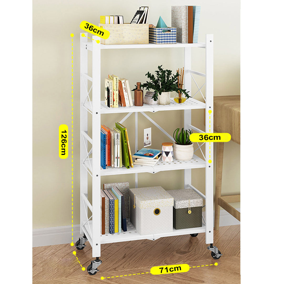 SOGA 4 Tier Steel White Foldable Display Stand Multi-Functional Shelves Portable Storage Organizer with Wheels