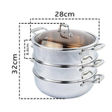 SOGA 2X 3 Tier 28cm Heavy Duty Stainless Steel Food Steamer Vegetable Pot Stackable Pan Insert with Glass Lid