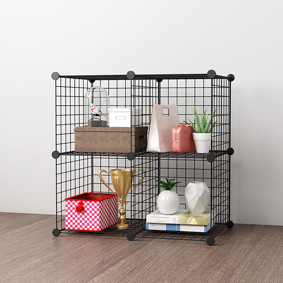 SOGA 2X Black Portable 4-Cube Storage Organiser Foldable DIY Modular Grid Space Saving Shelf