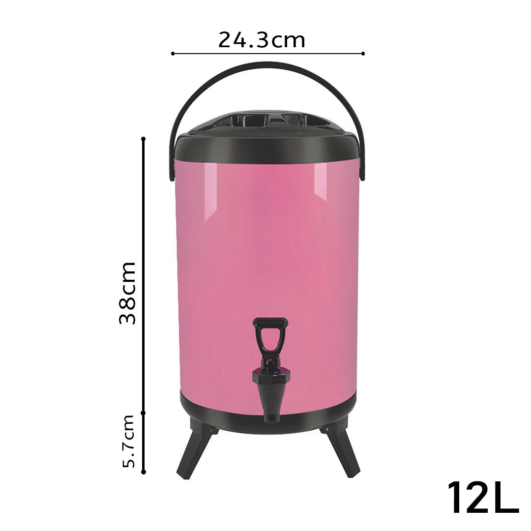 SOGA 12L Stainless Steel Insulated Milk Tea Barrel Hot and Cold Beverage Dispenser Container with Faucet Pink