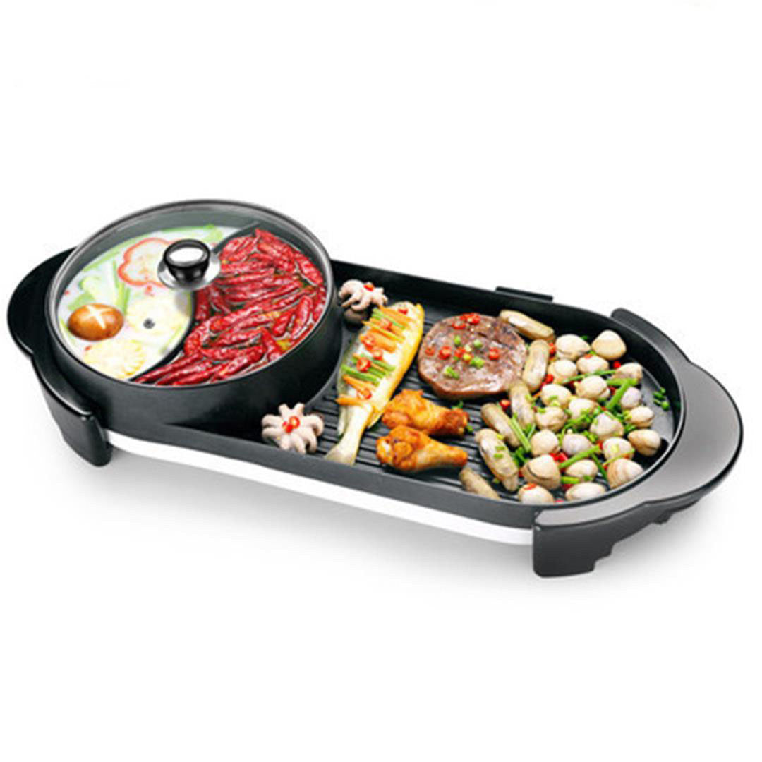 SOGA 2X 2  in 1 Electric Non-Stick BBQ Teppanyaki Grill Plate Steamboat Hotpot 2-8 Person