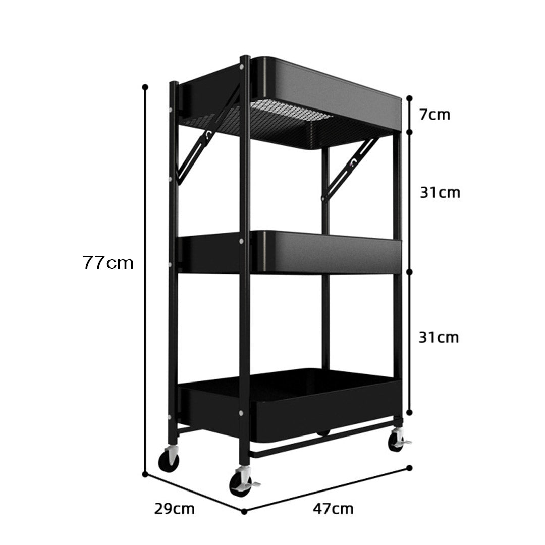 SOGA 3 Tier Steel Black Foldable Kitchen Cart Multi-Functional Shelves Portable Storage Organizer with Wheels