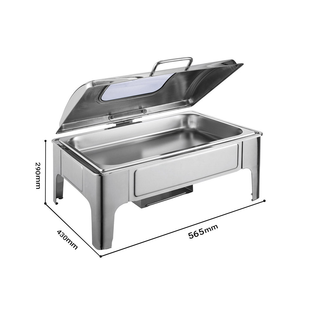 SOGA 2X 9L Rectangular Stainless Steel Soup Warmer Roll Top Chafer Chafing Dish Set with Glass Visual Window Lid