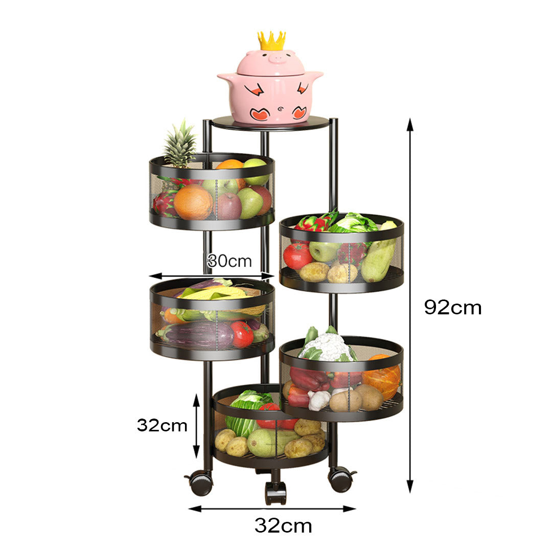 SOGA 5 Tier Steel Round Rotating Kitchen Cart Multi-Functional Shelves Portable Storage Organizer with Wheels