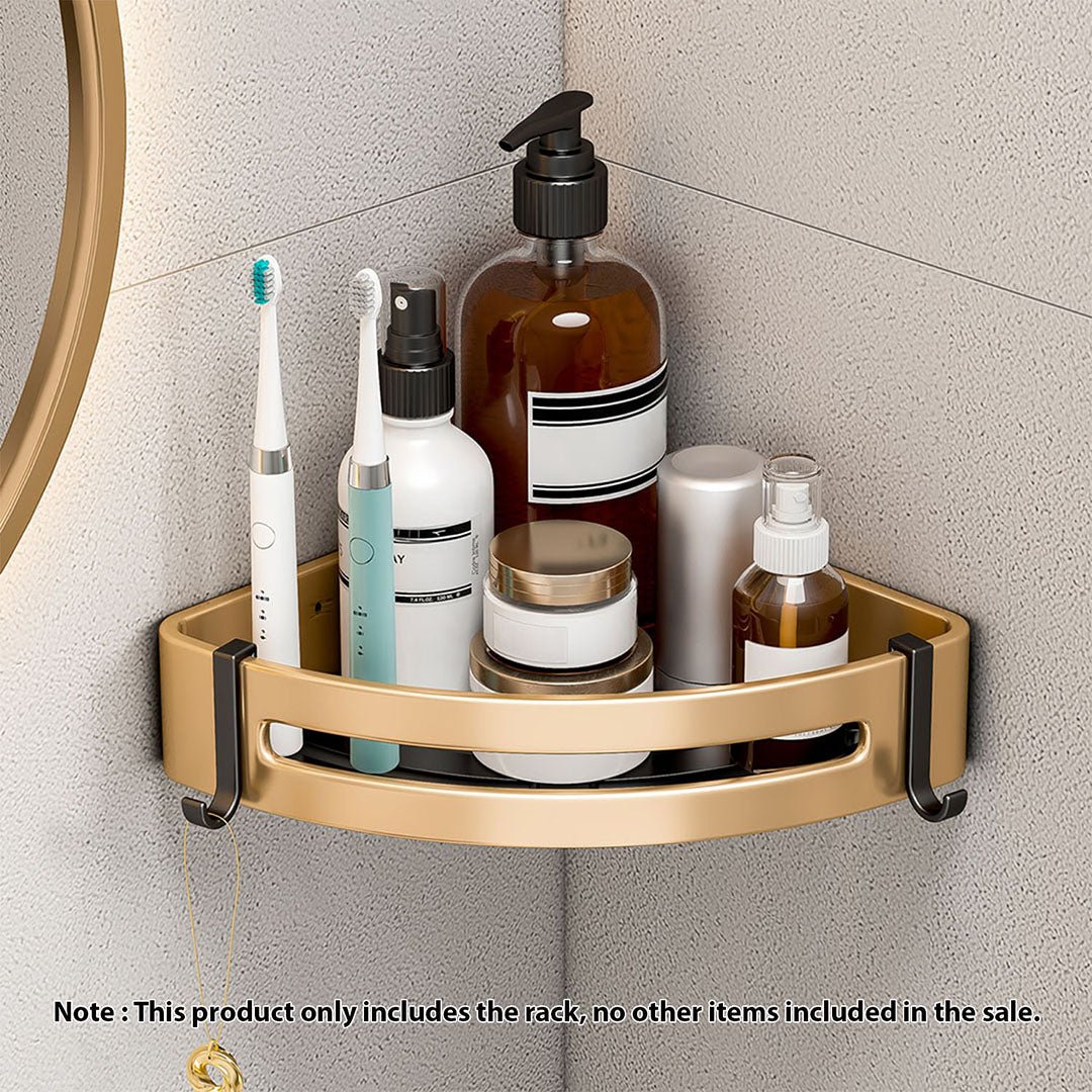 SOGA 2X Gold Wall-Mounted Triangular Bathroom Storage Corner Vanity Organiser Space Saving Adhesive Shelf Rack with Hooks