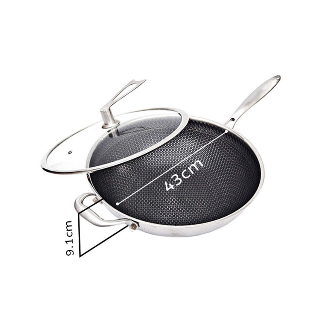 SOGA 34cm Stainless Steel Tri-Ply Frying Cooking Fry Pan Textured Non Stick Skillet with Glass Lid and Helper Handle