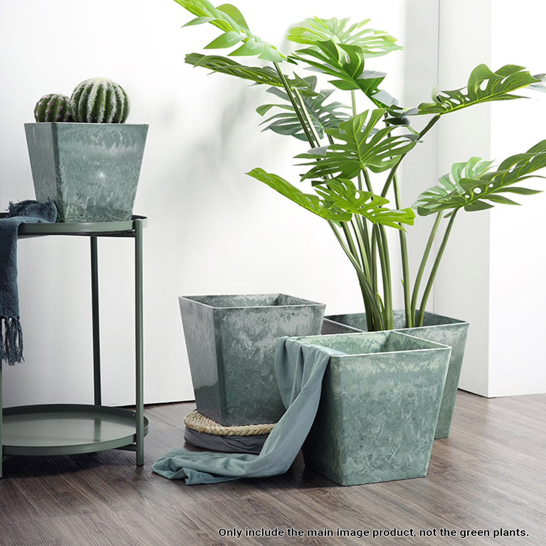 SOGA 2X 27cm Green Grey Square Resin Plant Flower Pot in Cement Pattern Planter Cachepot for Indoor Home Office