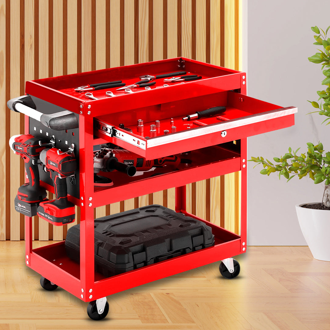 SOGA 2X 3 Tier Tool Storage Cart Portable Service Utility Heavy Duty Mobile Trolley with Drawer and Hooks Red