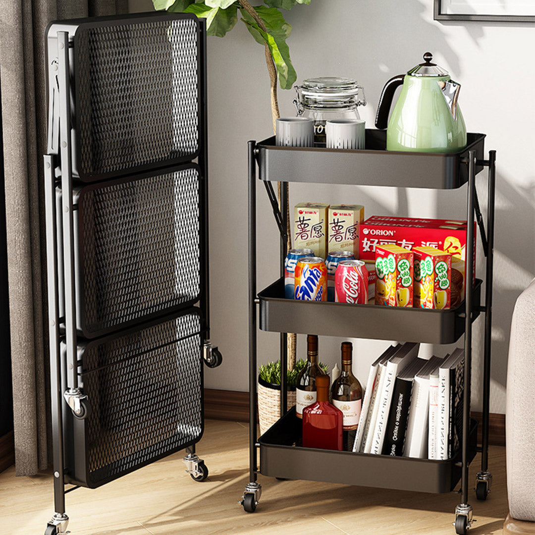 SOGA 2X 3 Tier Steel Black Foldable Kitchen Cart Multi-Functional Shelves Portable Storage Organizer with Wheels