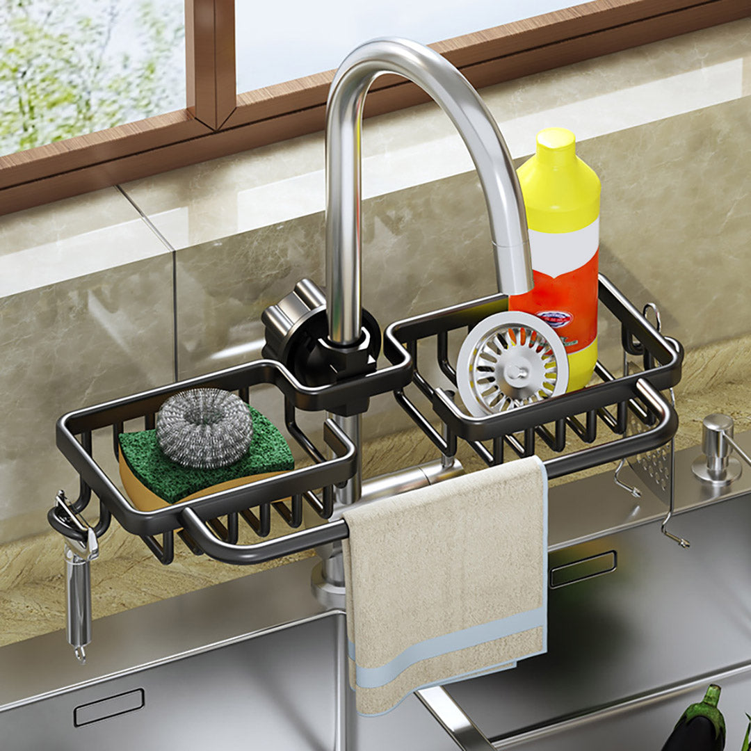 SOGA 2X Black Kitchen Sink Organiser Faucet Soap Sponge Caddy Rack Drainer with Towel Bar Holder