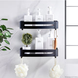 SOGA 2X Black Wall-Mounted Rectangular Bathroom Storage Organiser Space Saving Adhesive Shelf Rack with Hooks