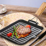 SOGA 24cm Ribbed Cast Iron Square Steak Frying Grill Skillet Pan with Folding Wooden Handle