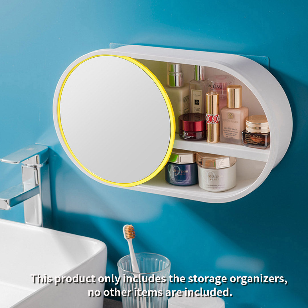 SOGA 39cm Oval Wall-Mounted Mirror Storage Box Vanity Mirror Rack Bathroom Adhesive Shelf Home Organiser Decor