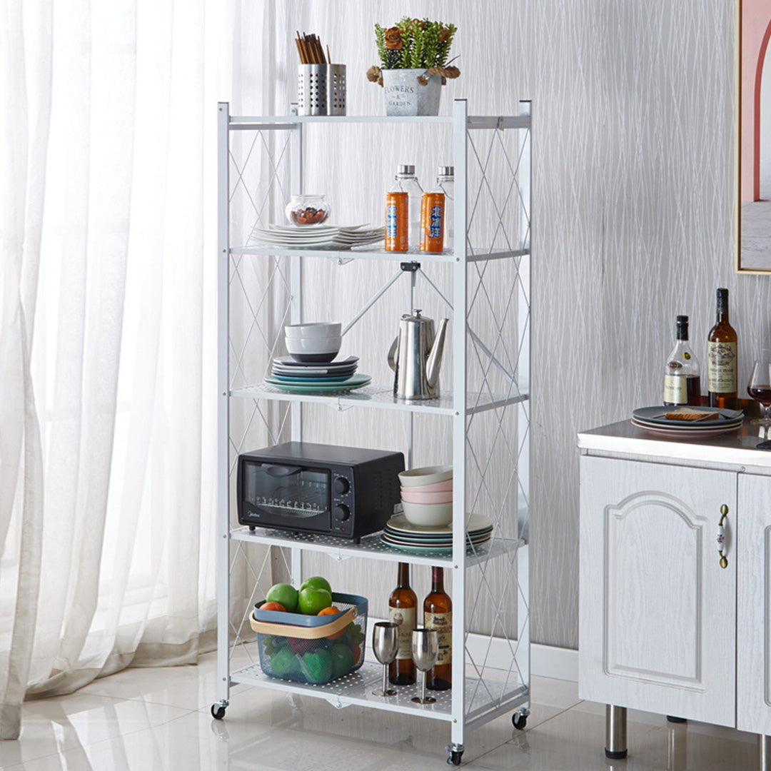 SOGA 2X 5 Tier Steel White Foldable Kitchen Cart Multi-Functional Shelves Portable Storage Organizer with Wheels