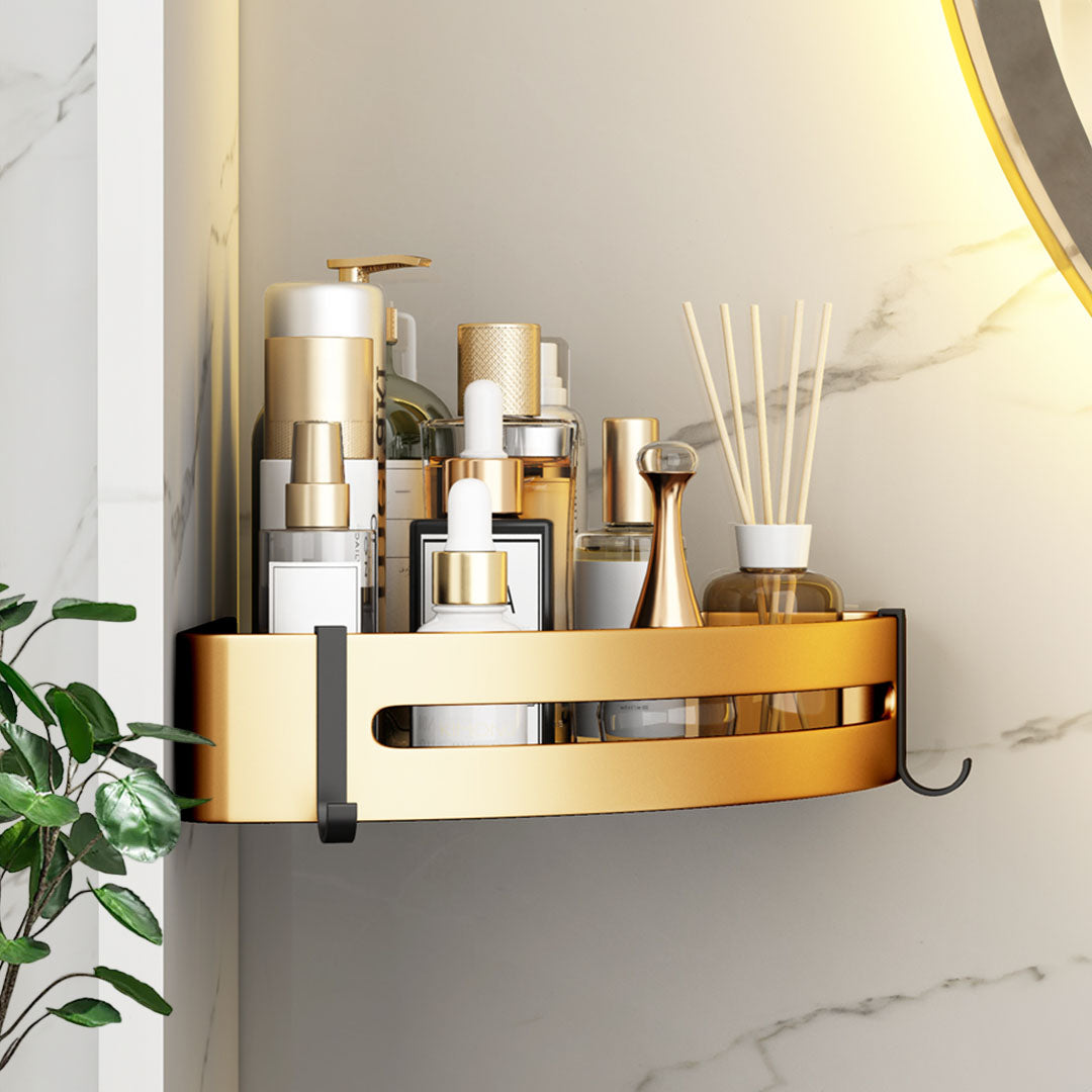 SOGA Gold Wall-Mounted Triangular Bathroom Storage Corner Vanity Organiser Space Saving Adhesive Shelf Rack with Hooks