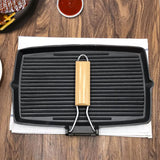 SOGA 20.5cm Rectangular Cast Iron Griddle Grill Frying Pan with Folding Wooden Handle