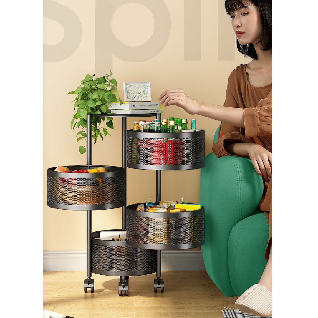 SOGA 4 Tier Steel Round Rotating Kitchen Cart Multi-Functional Shelves Portable Storage Organizer with Wheels