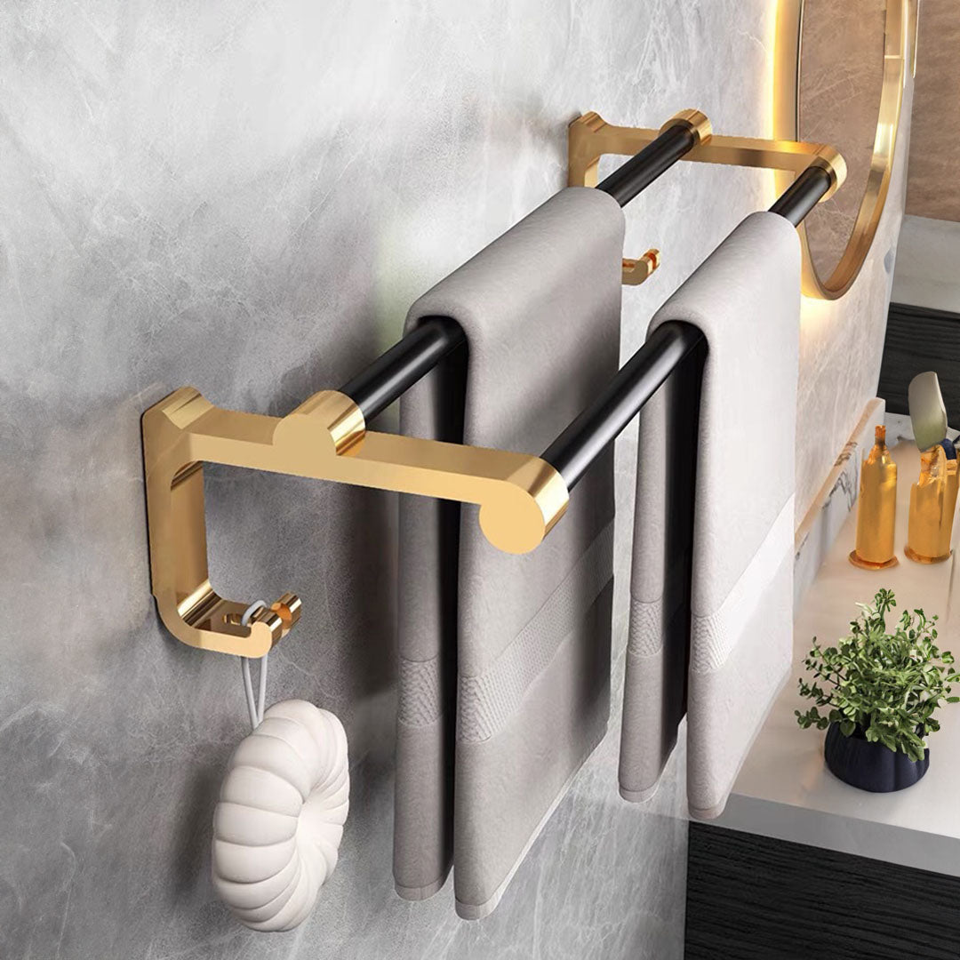 SOGA 61cm Wall-Mounted Double Pole Towel Holder Bathroom Organiser Rail Hanger with Hooks