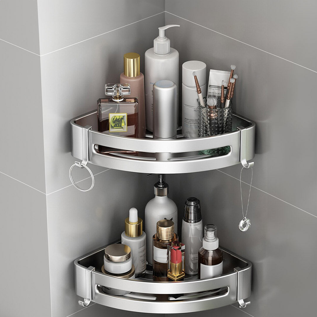 SOGA Silver Wall-Mounted Triangular Bathroom Storage Corner Vanity Organiser Space Saving Adhesive Shelf Rack with Hooks