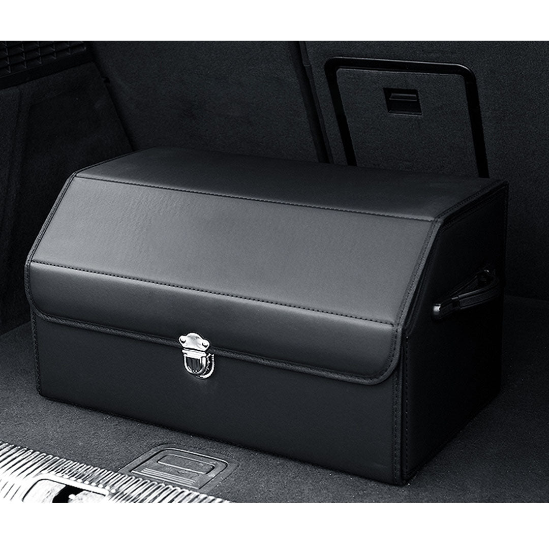 SOGA 2X Leather Car Boot Collapsible Foldable Trunk Cargo Organizer Portable Storage Box With Lock Black Medium